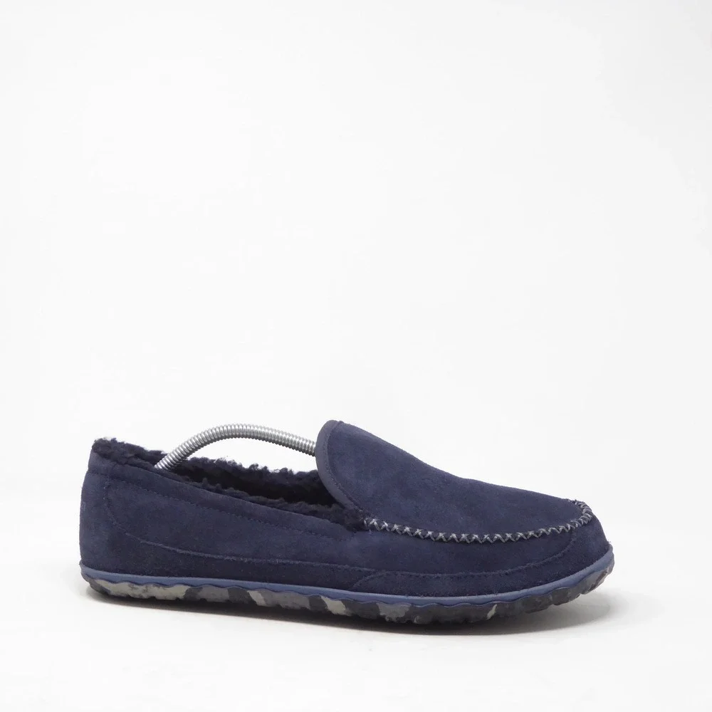 LL Bean Mens Mountain Slippers Navy Suede Fleece Lined Moccasins Size 12